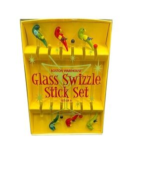Vintage NOS Boston Warehouse Glass Parrot Swizzle Sticks Tiki Tropical Barware